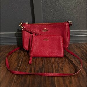 Coach red crossbody and wristlet.